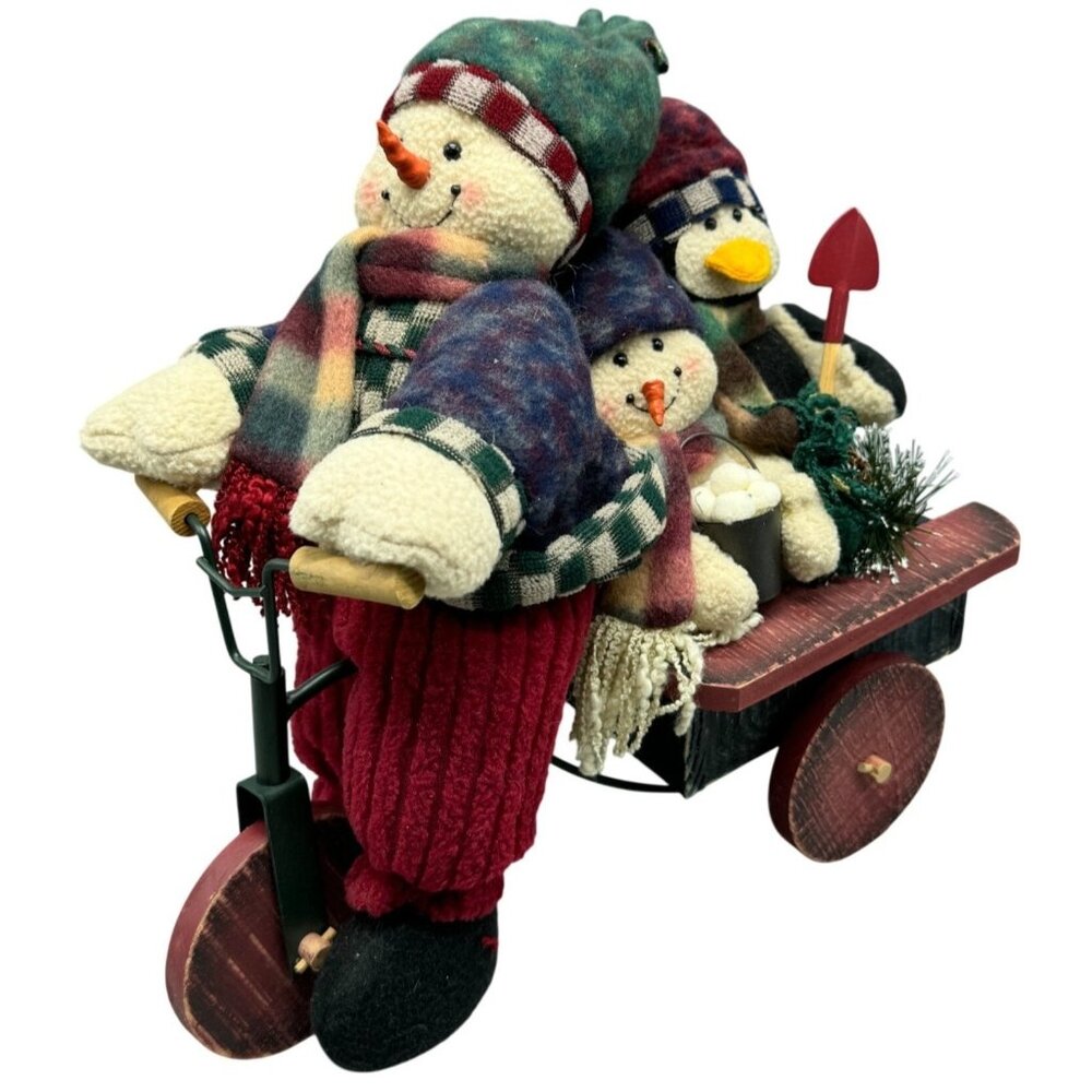 Christmas snowmen plush figurine wood bike wagon penguin snowballs 12" READ